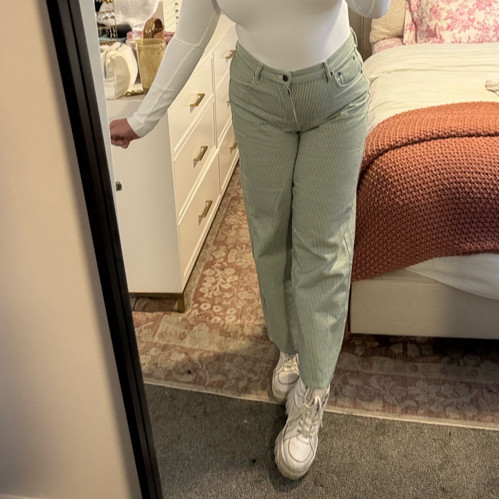 Topshop mid rise loose fit straight jeans in green stripe